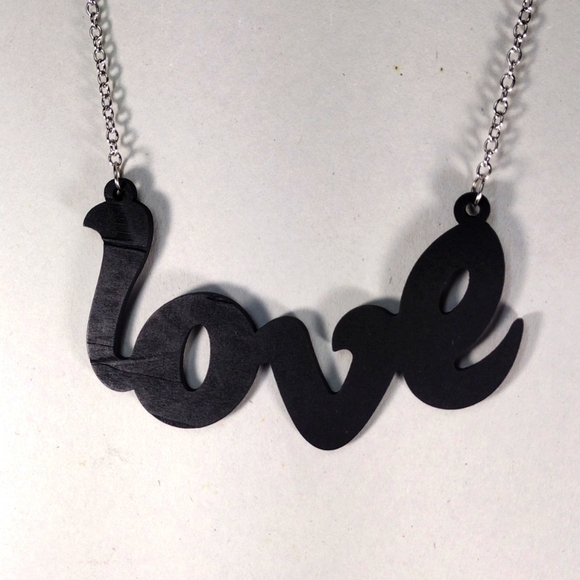 Women's Stunning Polished Silver tone Black " LOVE " Design Long Necklace, 34-in - Picture 1 of 6